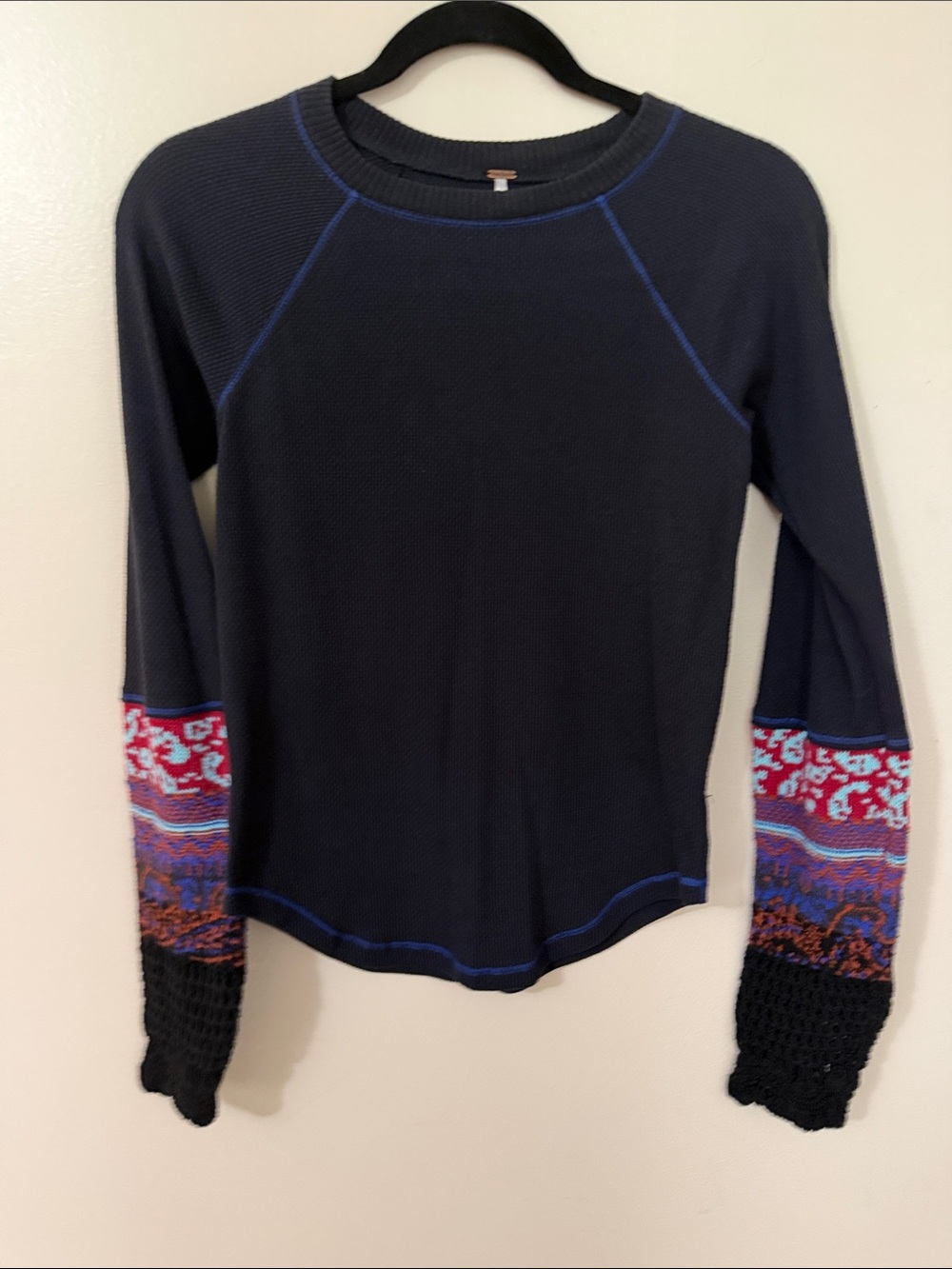 Free People Navy Long-Sleeve Thermal Top with Patterned Sweater Cuffs